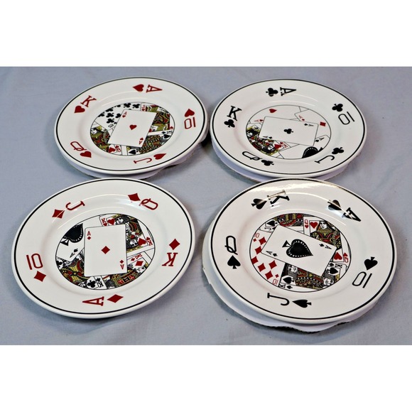 Playing Cards Poker Casino Theme Dessert Plates Set of 4 Ceramic Dishes White - Picture 2 of 4